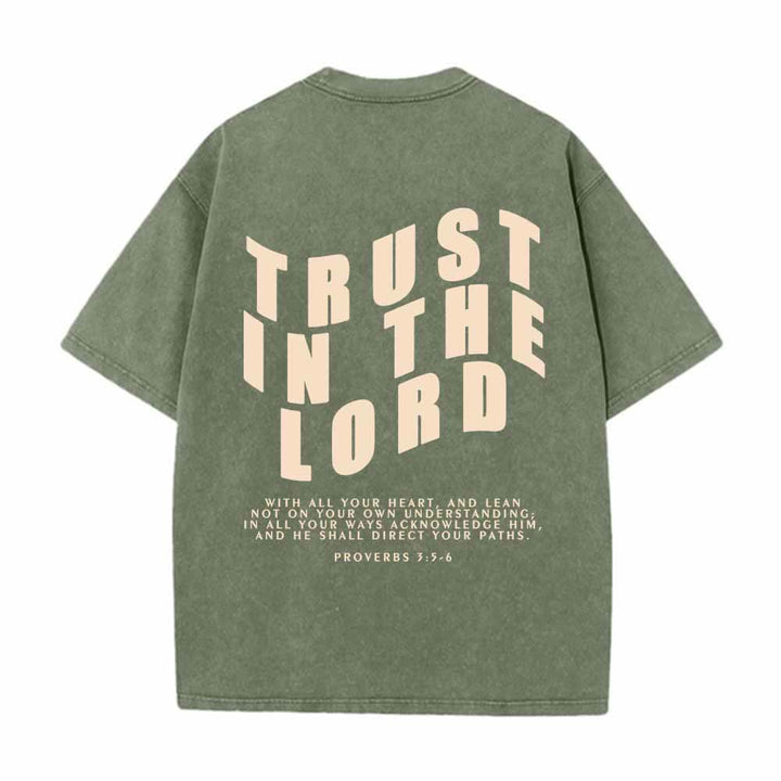 Christianartworkshop Trust In The Lord Straight Front Arch Back Proverbs 3:5-6 Dual-Sided Washed T-Shirt - image 19