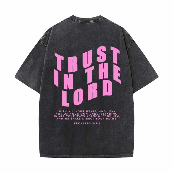 Christianartworkshop Trust In The Lord Straight Front Arch Back Proverbs 3:5-6 Dual-Sided Washed T-Shirt - image 7