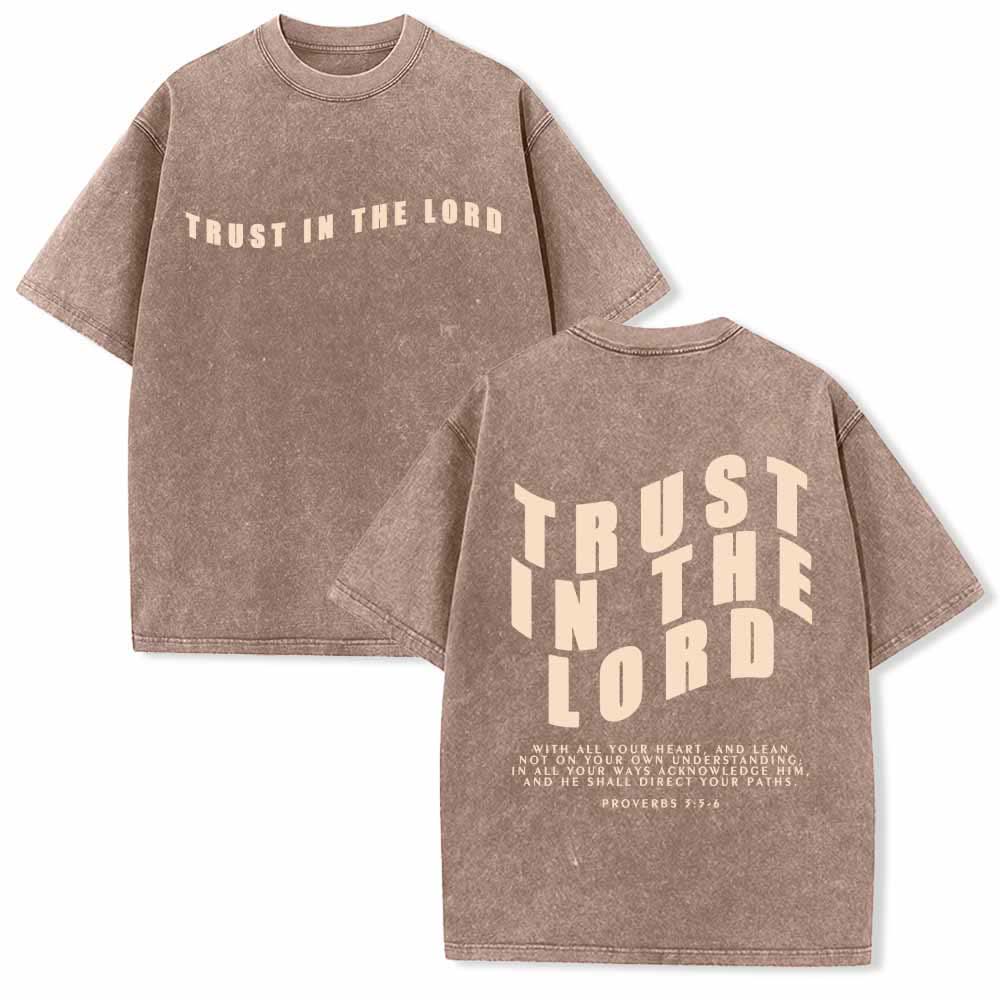 Christianartworkshop Trust In The Lord Straight Front Arch Back Proverbs 3:5-6 Dual-Sided Washed T-Shirt - Brown - 5XL - image 24