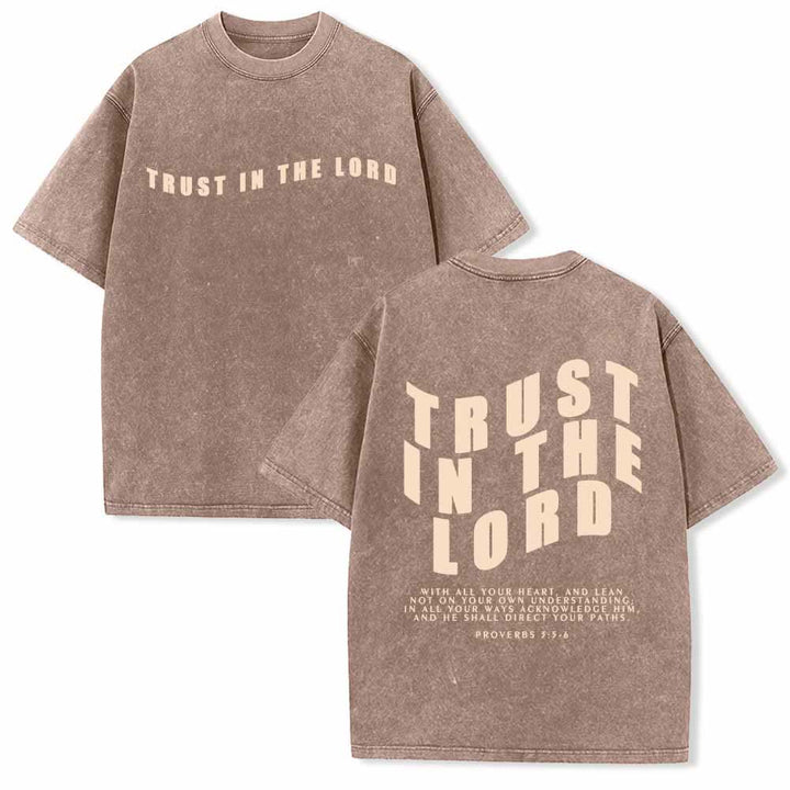 Christianartworkshop Trust In The Lord Straight Front Arch Back Proverbs 3:5-6 Dual-Sided Washed T-Shirt - Brown - 5XL - image 24