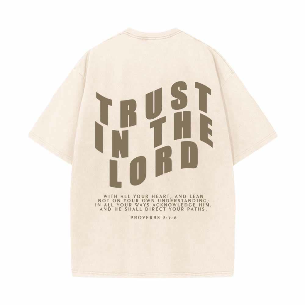 Christianartworkshop Trust In The Lord Straight Front Arch Back Proverbs 3:5-6 Dual-Sided Washed T-Shirt - image 10
