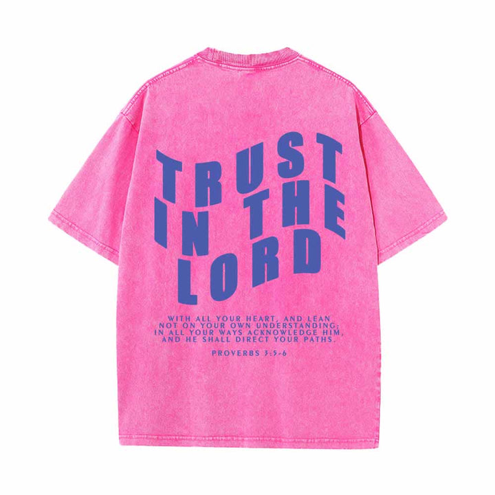Christianartworkshop Trust In The Lord Straight Front Arch Back Proverbs 3:5-6 Dual-Sided Washed T-Shirt - image 16