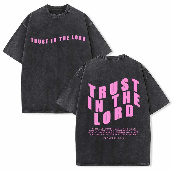 Christianartworkshop Trust In The Lord Straight Front Arch Back Proverbs 3:5-6 Dual-Sided Washed T-Shirt - Black - 5XL - image 6