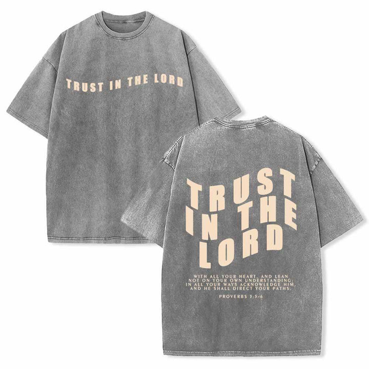 Christianartworkshop Trust In The Lord Straight Front Arch Back Proverbs 3:5-6 Dual-Sided Washed T-Shirt - Grey - 5XL - image 0
