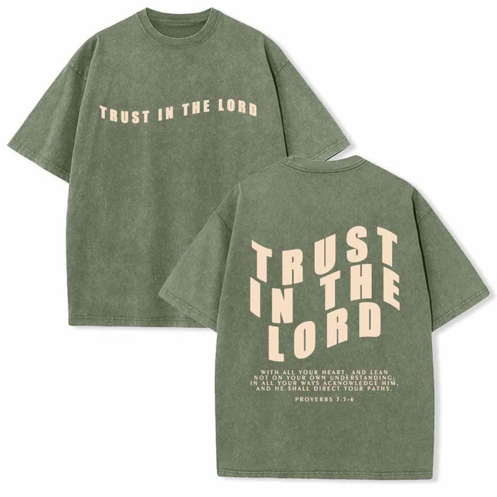 Christianartworkshop Trust In The Lord Straight Front Arch Back Proverbs 3:5-6 Dual-Sided Washed T-Shirt - Army Green - 5XL - image 18