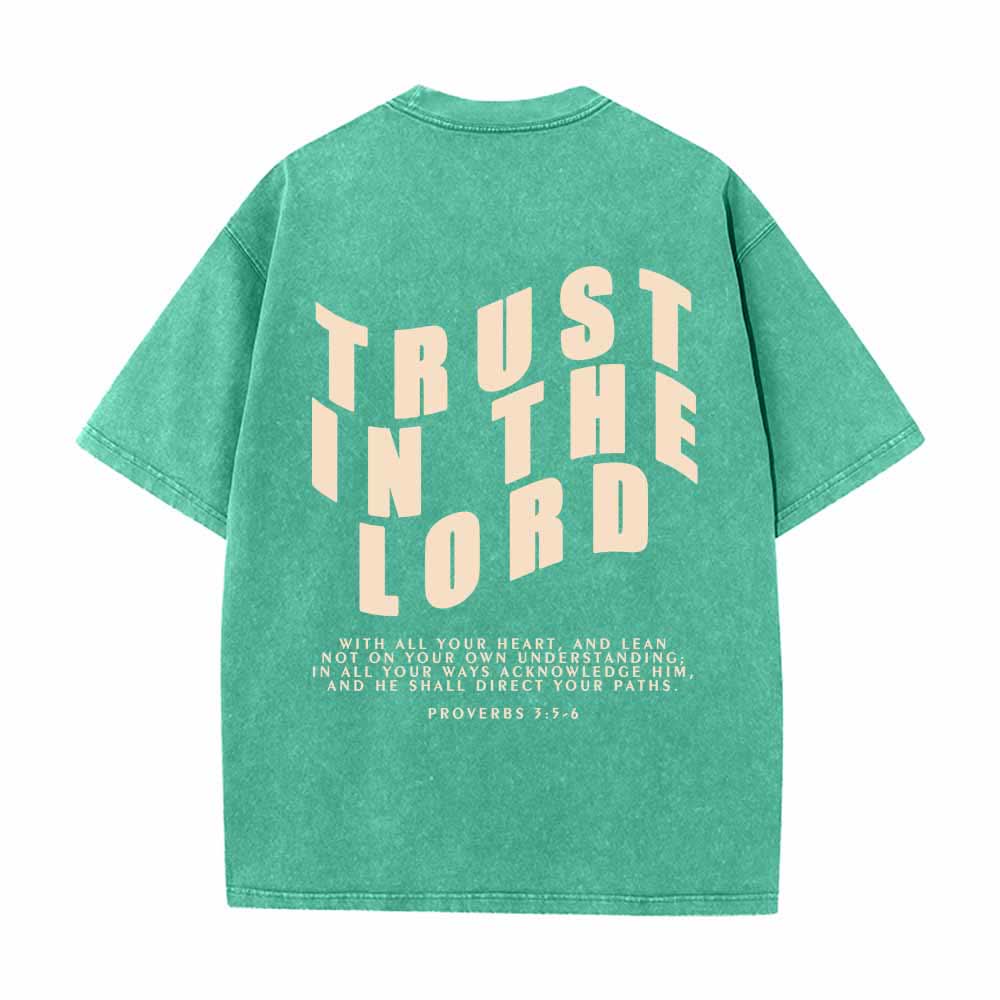 Christianartworkshop Trust In The Lord Straight Front Arch Back Proverbs 3:5-6 Dual-Sided Washed T-Shirt - image 4
