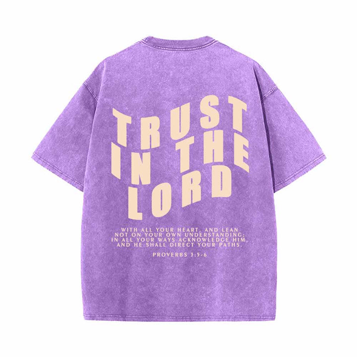 Christianartworkshop Trust In The Lord Straight Front Arch Back Proverbs 3:5-6 Dual-Sided Washed T-Shirt - image 13