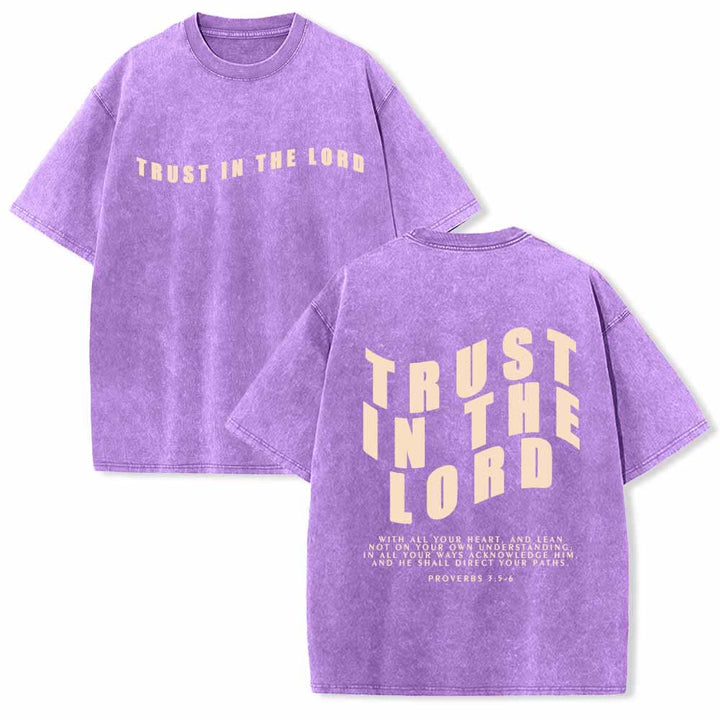 Christianartworkshop Trust In The Lord Straight Front Arch Back Proverbs 3:5-6 Dual-Sided Washed T-Shirt - Purple - 5XL - image 12