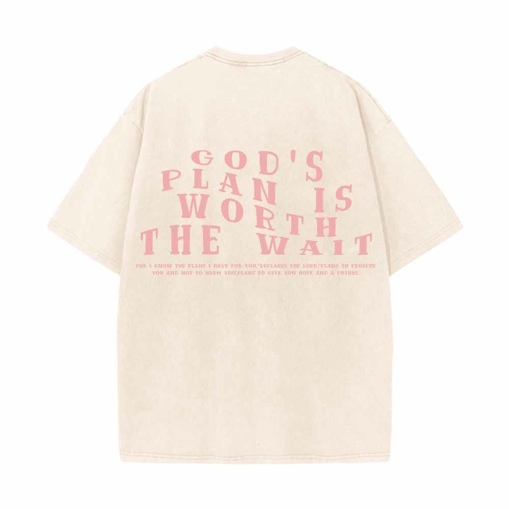 Christianartworkshop God's Plan Is Worth The Wait Front Mini Stack Text Back Arch Large Font Dual-Sided Washed T-Shirt - image 13