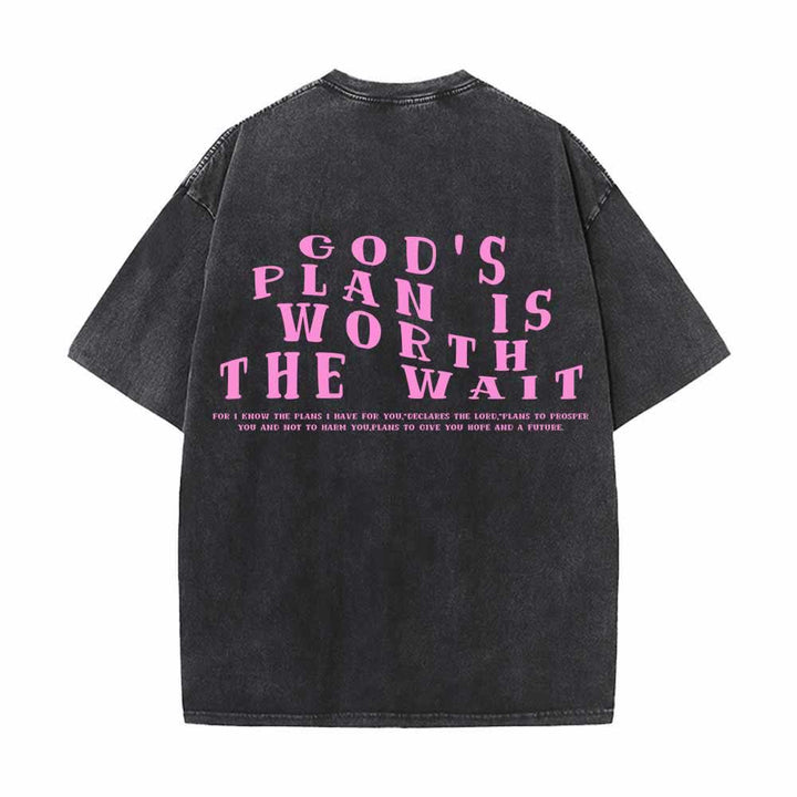 Christianartworkshop God's Plan Is Worth The Wait Front Mini Stack Text Back Arch Large Font Dual-Sided Washed T-Shirt - image 10
