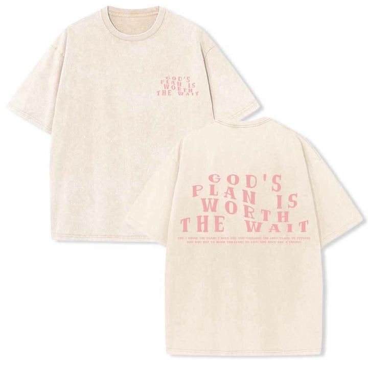 Christianartworkshop God's Plan Is Worth The Wait Front Mini Stack Text Back Arch Large Font Dual-Sided Washed T-Shirt - Beige - 5XL - image 12