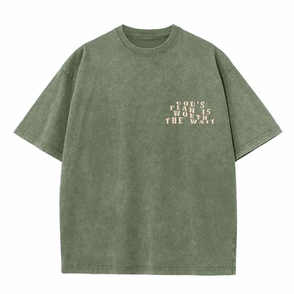 Christianartworkshop God's Plan Is Worth The Wait Front Mini Stack Text Back Arch Large Font Dual-Sided Washed T-Shirt - image 23