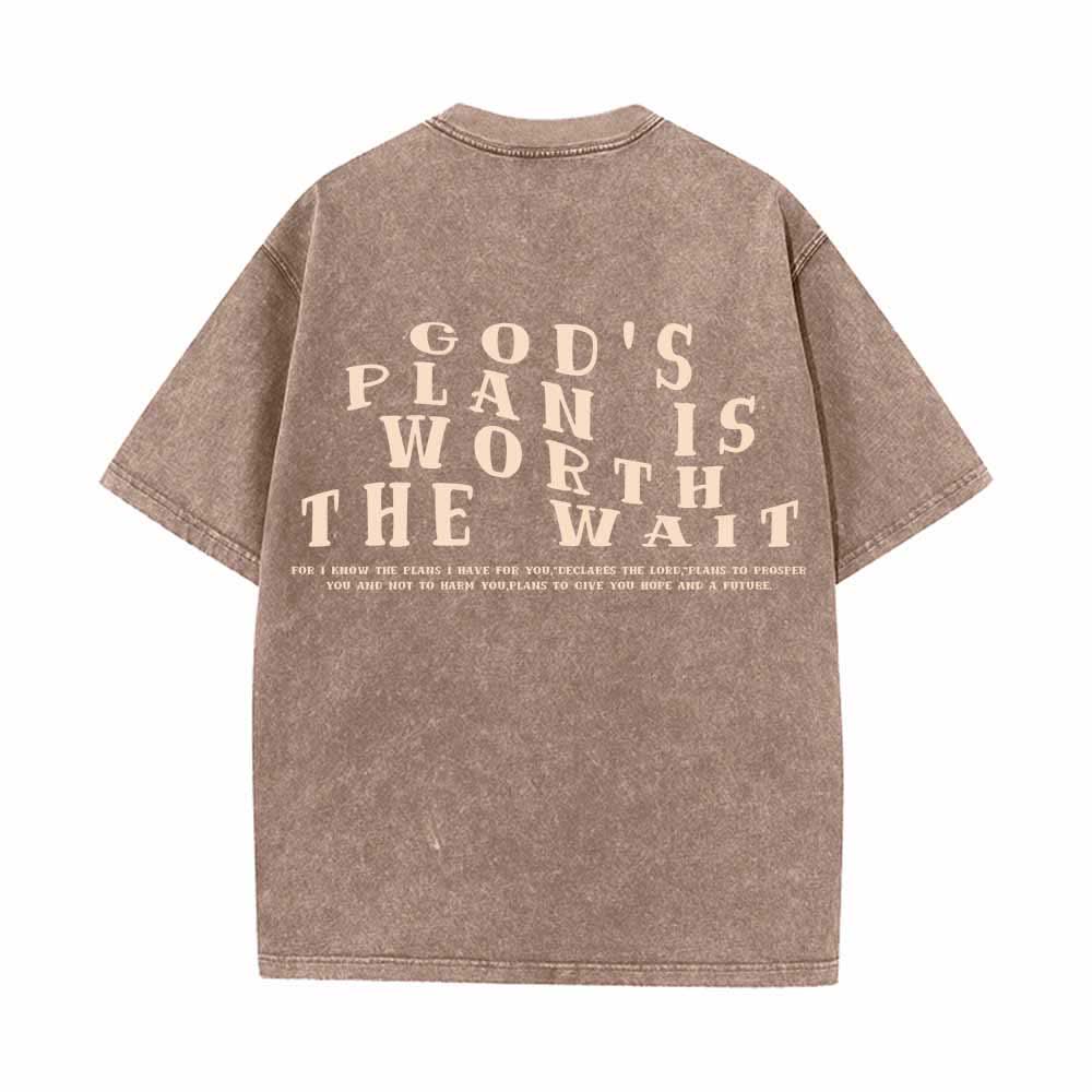 Christianartworkshop God's Plan Is Worth The Wait Front Mini Stack Text Back Arch Large Font Dual-Sided Washed T-Shirt - image 1