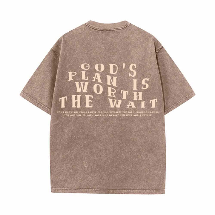 Christianartworkshop God's Plan Is Worth The Wait Front Mini Stack Text Back Arch Large Font Dual-Sided Washed T-Shirt - image 1