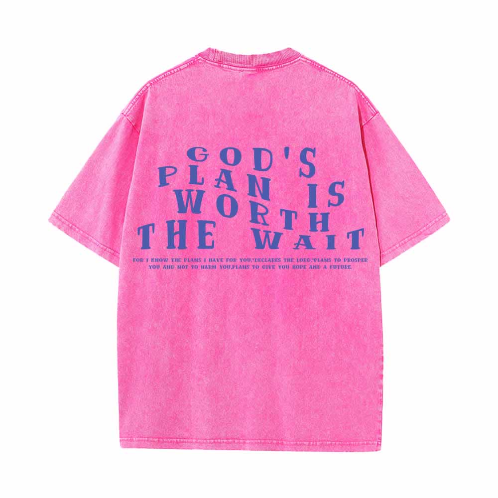 Christianartworkshop God's Plan Is Worth The Wait Front Mini Stack Text Back Arch Large Font Dual-Sided Washed T-Shirt - image 19