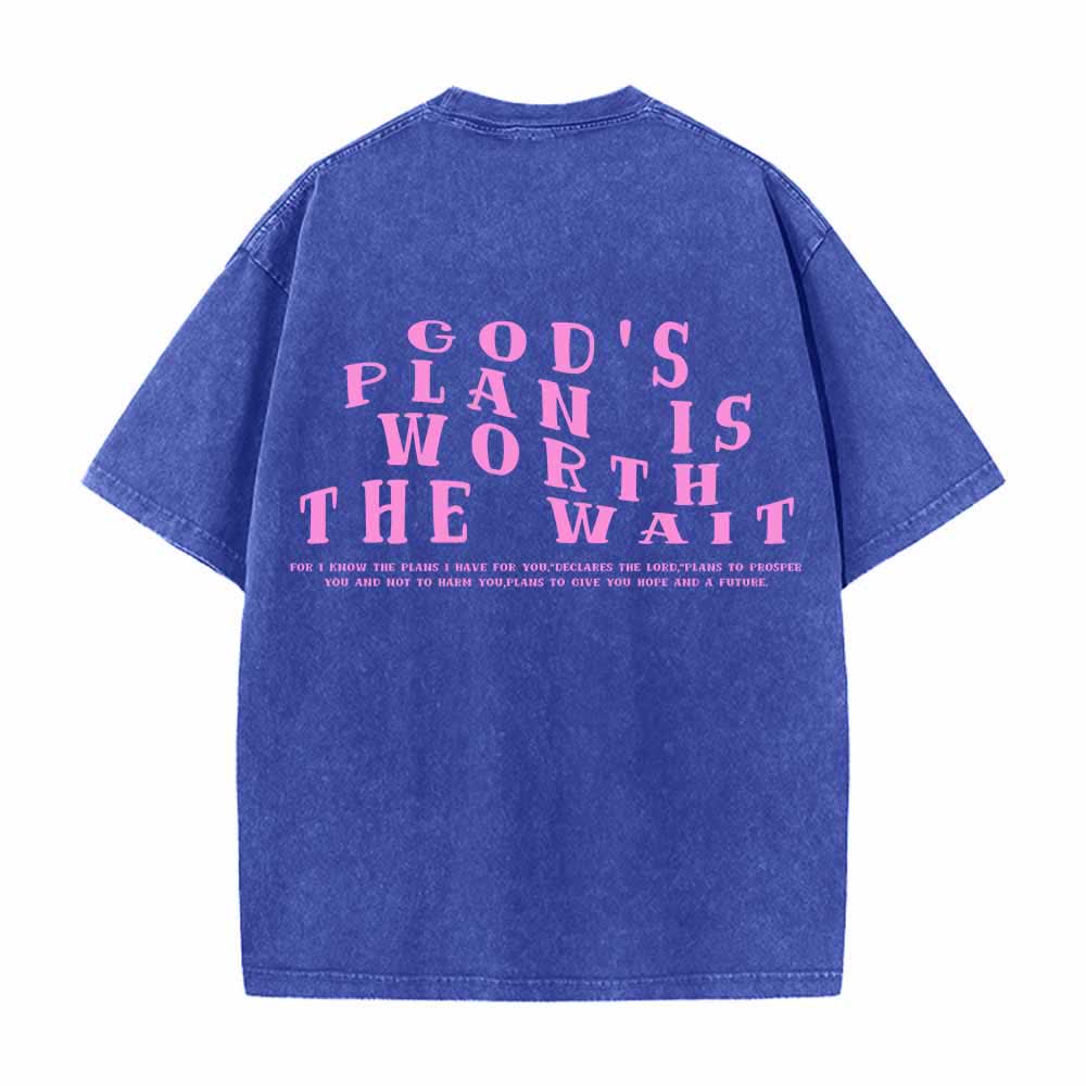 Christianartworkshop God's Plan Is Worth The Wait Front Mini Stack Text Back Arch Large Font Dual-Sided Washed T-Shirt - image 25