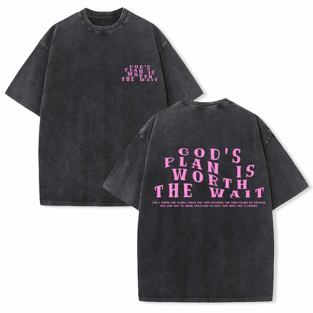 Christianartworkshop God's Plan Is Worth The Wait Front Mini Stack Text Back Arch Large Font Dual-Sided Washed T-Shirt - Black - 5XL - image 9