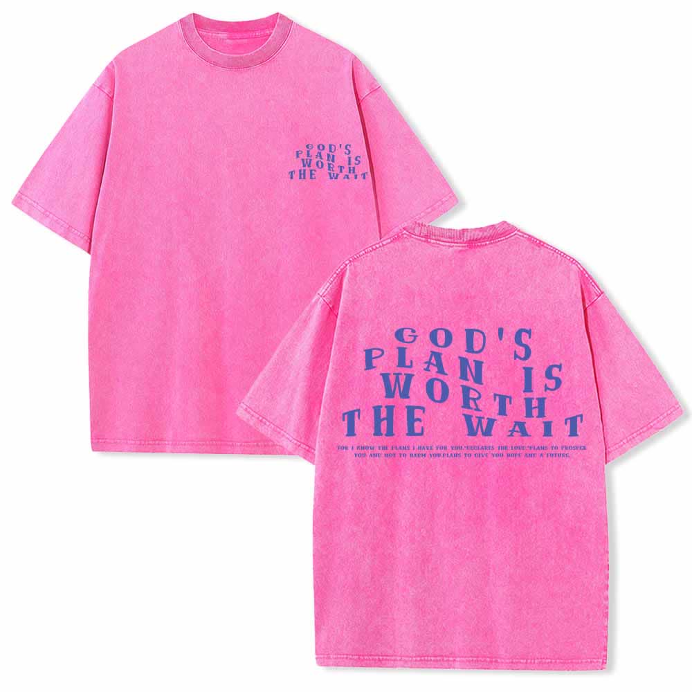 Christianartworkshop God's Plan Is Worth The Wait Front Mini Stack Text Back Arch Large Font Dual-Sided Washed T-Shirt - Pink - 5XL - image 18