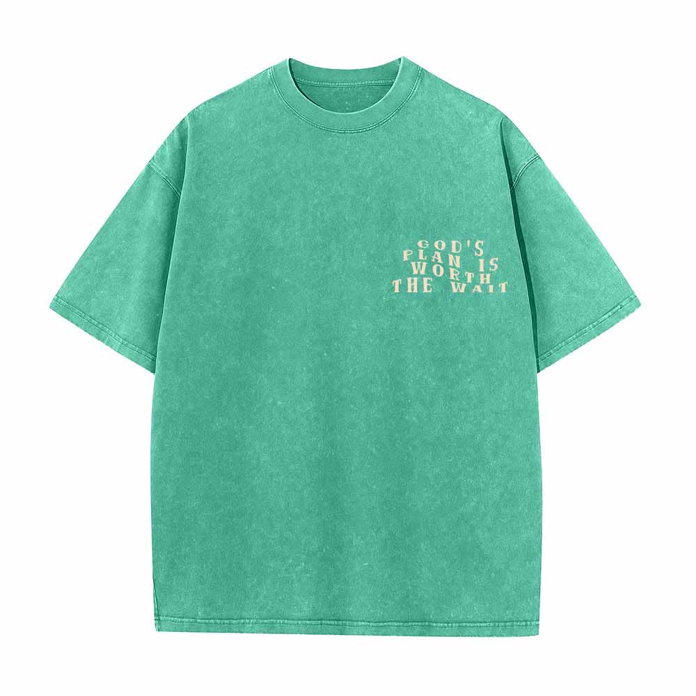 Christianartworkshop God's Plan Is Worth The Wait Front Mini Stack Text Back Arch Large Font Dual-Sided Washed T-Shirt - image 8