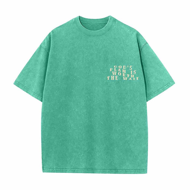 Christianartworkshop God's Plan Is Worth The Wait Front Mini Stack Text Back Arch Large Font Dual-Sided Washed T-Shirt - image 8