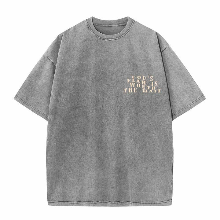 Christianartworkshop God's Plan Is Worth The Wait Front Mini Stack Text Back Arch Large Font Dual-Sided Washed T-Shirt - image 5
