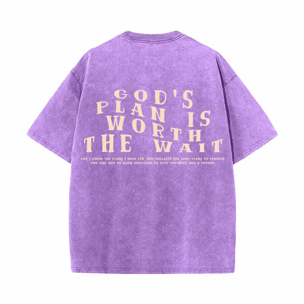 Christianartworkshop God's Plan Is Worth The Wait Front Mini Stack Text Back Arch Large Font Dual-Sided Washed T-Shirt - image 16