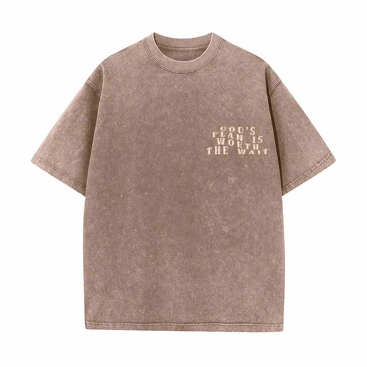 Christianartworkshop God's Plan Is Worth The Wait Front Mini Stack Text Back Arch Large Font Dual-Sided Washed T-Shirt - image 2