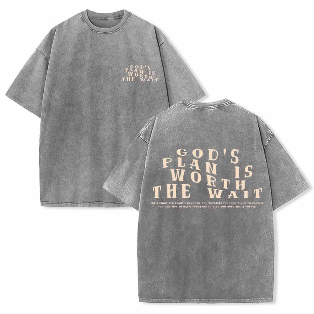Christianartworkshop God's Plan Is Worth The Wait Front Mini Stack Text Back Arch Large Font Dual-Sided Washed T-Shirt - Grey - 5XL - image 3