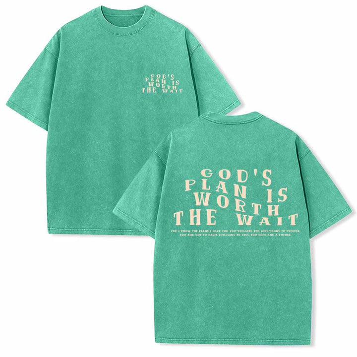 Christianartworkshop God's Plan Is Worth The Wait Front Mini Stack Text Back Arch Large Font Dual-Sided Washed T-Shirt - Green - 5XL - image 6