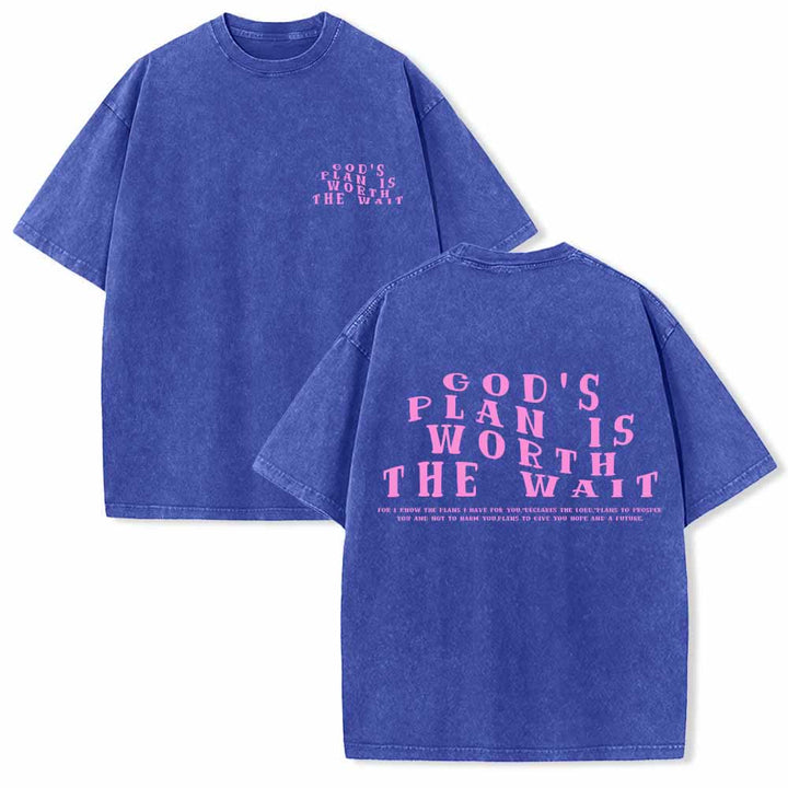 Christianartworkshop God's Plan Is Worth The Wait Front Mini Stack Text Back Arch Large Font Dual-Sided Washed T-Shirt - Blue - 5XL - image 24