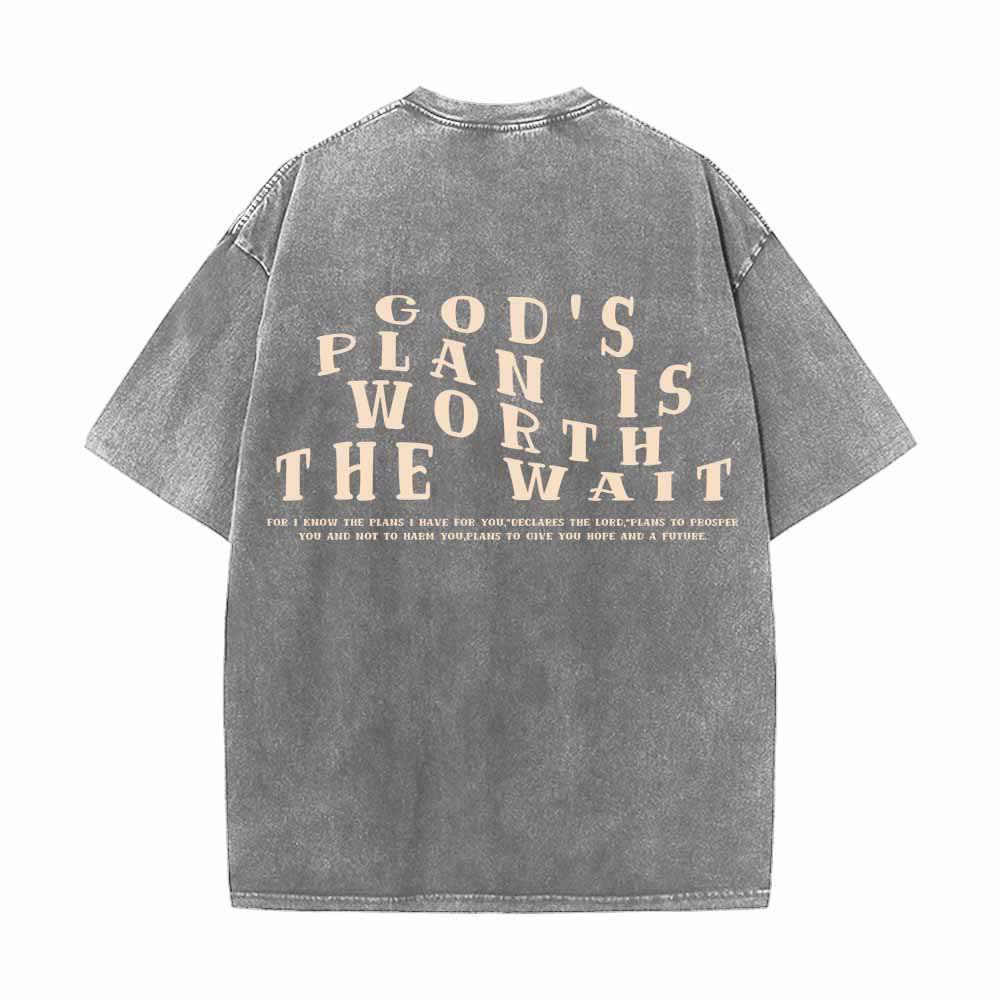 Christianartworkshop God's Plan Is Worth The Wait Front Mini Stack Text Back Arch Large Font Dual-Sided Washed T-Shirt - image 4