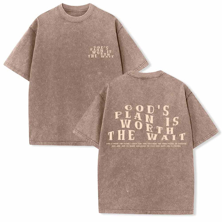 Christianartworkshop God's Plan Is Worth The Wait Front Mini Stack Text Back Arch Large Font Dual-Sided Washed T-Shirt - Brown - 5XL - image 0