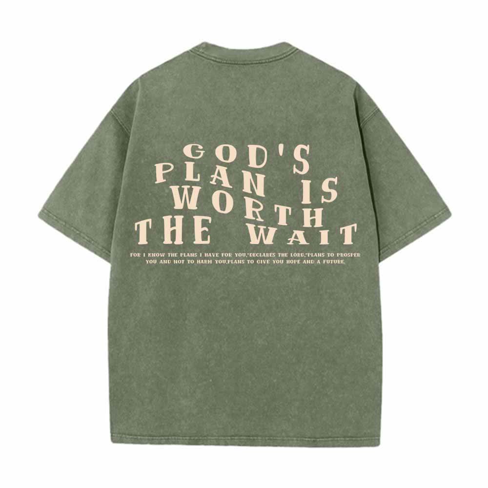 Christianartworkshop God's Plan Is Worth The Wait Front Mini Stack Text Back Arch Large Font Dual-Sided Washed T-Shirt - image 22