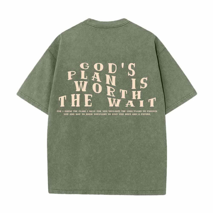 Christianartworkshop God's Plan Is Worth The Wait Front Mini Stack Text Back Arch Large Font Dual-Sided Washed T-Shirt - image 22