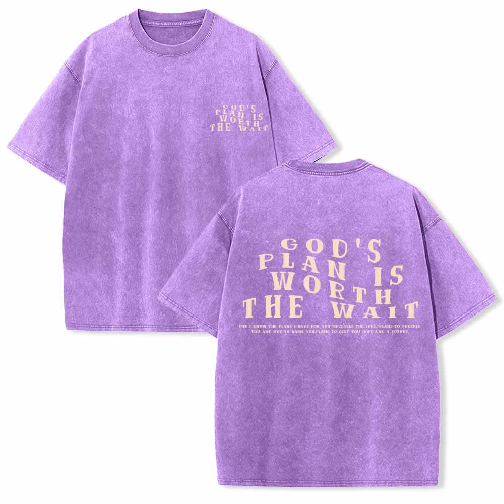 Christianartworkshop God's Plan Is Worth The Wait Front Mini Stack Text Back Arch Large Font Dual-Sided Washed T-Shirt - Purple - 5XL - image 15