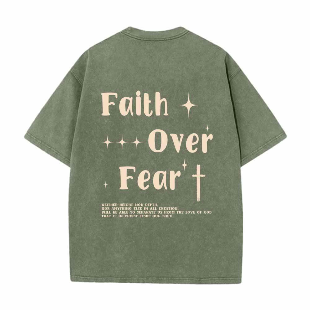 Christianartworkshop Faith Over Fear Star Cross Accent Front Mini Print Back Large Text Dual-Sided Washed T-Shirt - image 25