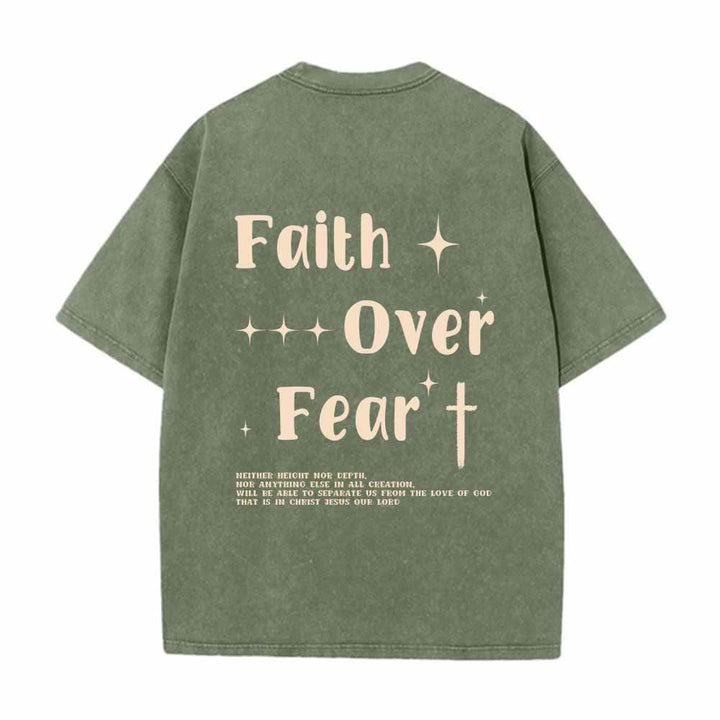Christianartworkshop Faith Over Fear Star Cross Accent Front Mini Print Back Large Text Dual-Sided Washed T-Shirt - image 25