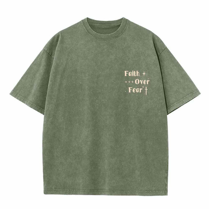 Christianartworkshop Faith Over Fear Star Cross Accent Front Mini Print Back Large Text Dual-Sided Washed T-Shirt - image 26