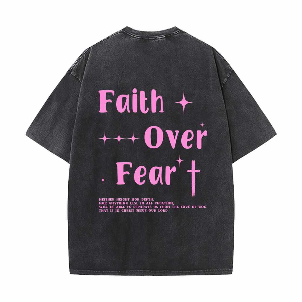 Christianartworkshop Faith Over Fear Star Cross Accent Front Mini Print Back Large Text Dual-Sided Washed T-Shirt - image 13