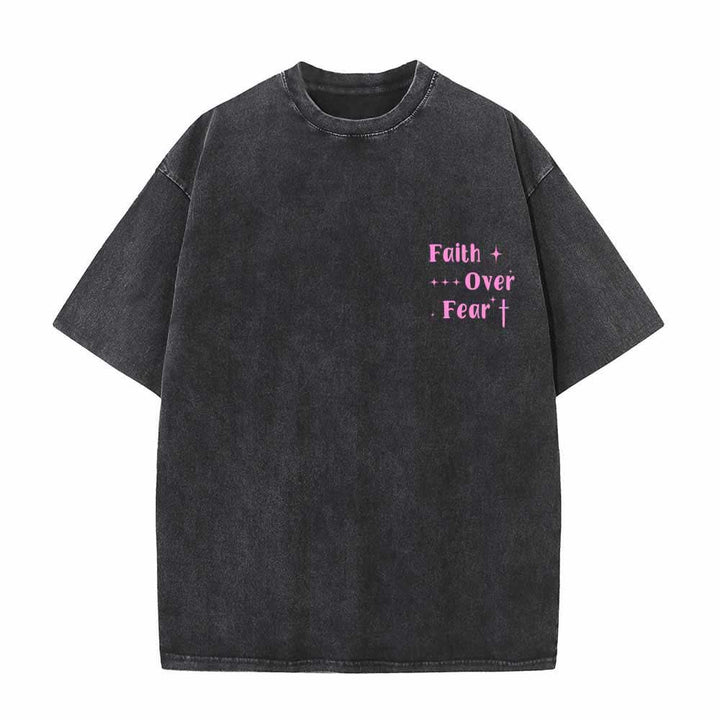 Christianartworkshop Faith Over Fear Star Cross Accent Front Mini Print Back Large Text Dual-Sided Washed T-Shirt - image 14