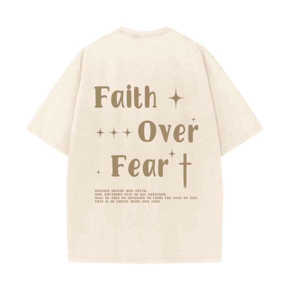 Christianartworkshop Faith Over Fear Star Cross Accent Front Mini Print Back Large Text Dual-Sided Washed T-Shirt - image 16