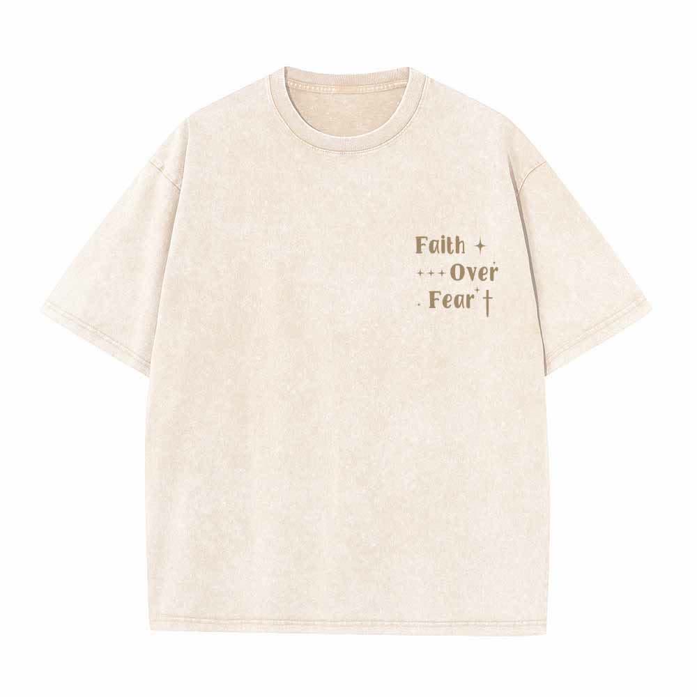 Christianartworkshop Faith Over Fear Star Cross Accent Front Mini Print Back Large Text Dual-Sided Washed T-Shirt - image 17