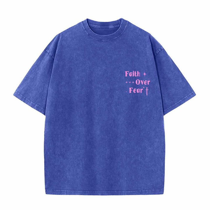 Christianartworkshop Faith Over Fear Star Cross Accent Front Mini Print Back Large Text Dual-Sided Washed T-Shirt - image 2