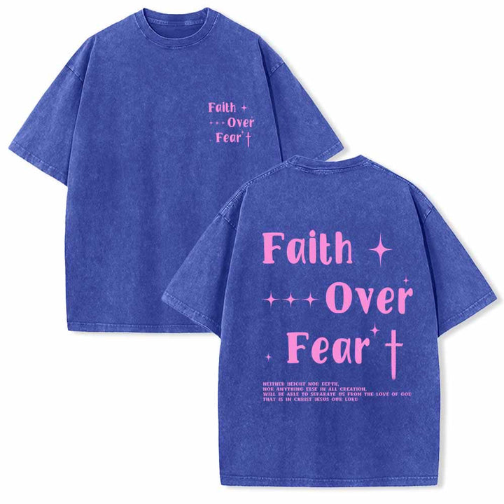 Christianartworkshop Faith Over Fear Star Cross Accent Front Mini Print Back Large Text Dual-Sided Washed T-Shirt - Blue - 5XL - image 0