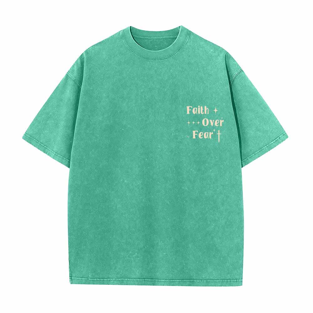 Christianartworkshop Faith Over Fear Star Cross Accent Front Mini Print Back Large Text Dual-Sided Washed T-Shirt - image 11