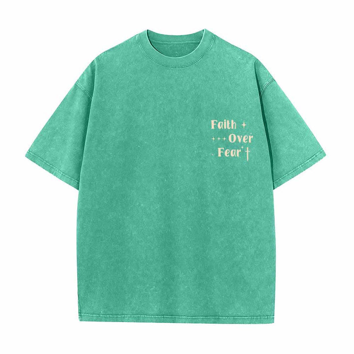 Christianartworkshop Faith Over Fear Star Cross Accent Front Mini Print Back Large Text Dual-Sided Washed T-Shirt - image 11