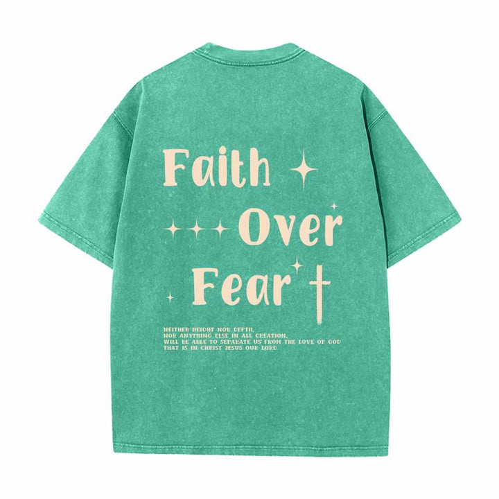 Christianartworkshop Faith Over Fear Star Cross Accent Front Mini Print Back Large Text Dual-Sided Washed T-Shirt - image 10