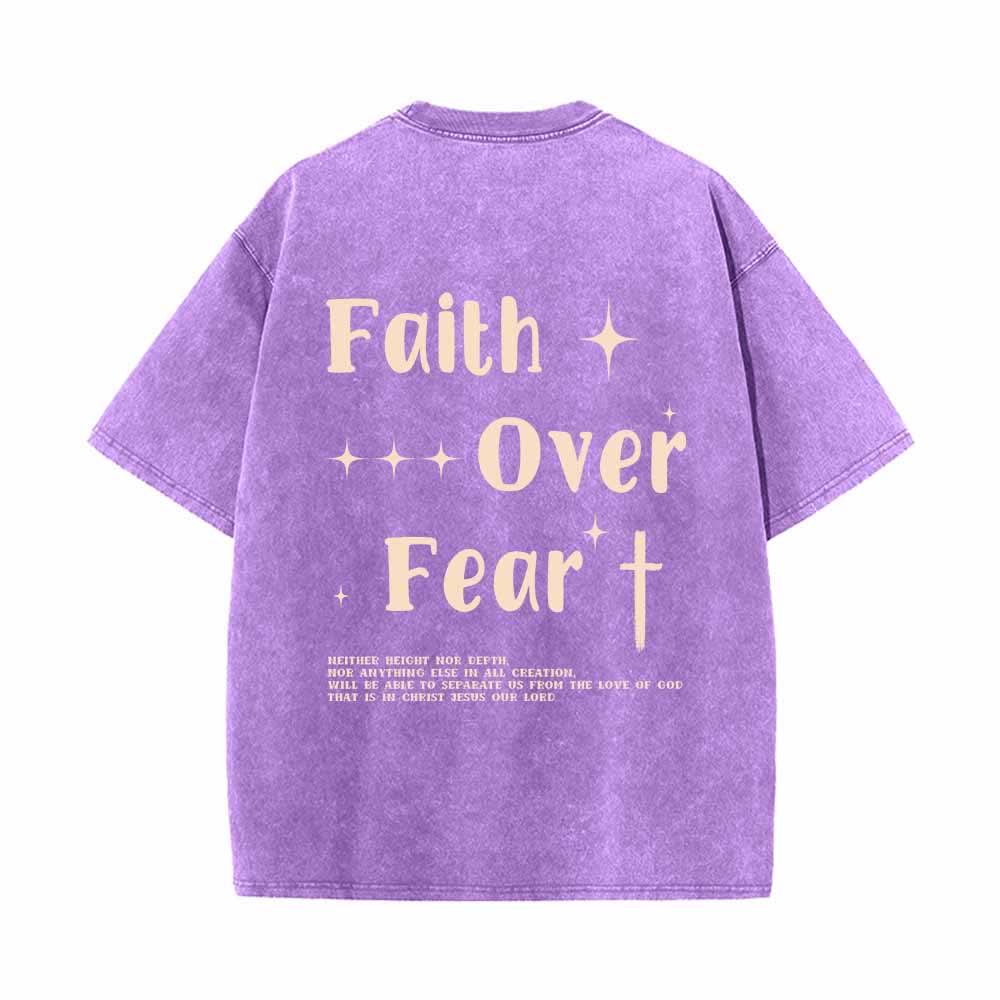 Christianartworkshop Faith Over Fear Star Cross Accent Front Mini Print Back Large Text Dual-Sided Washed T-Shirt - image 19