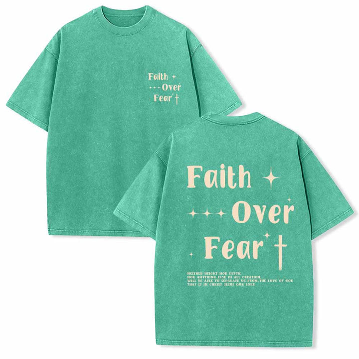 Christianartworkshop Faith Over Fear Star Cross Accent Front Mini Print Back Large Text Dual-Sided Washed T-Shirt - Green - 5XL - image 9