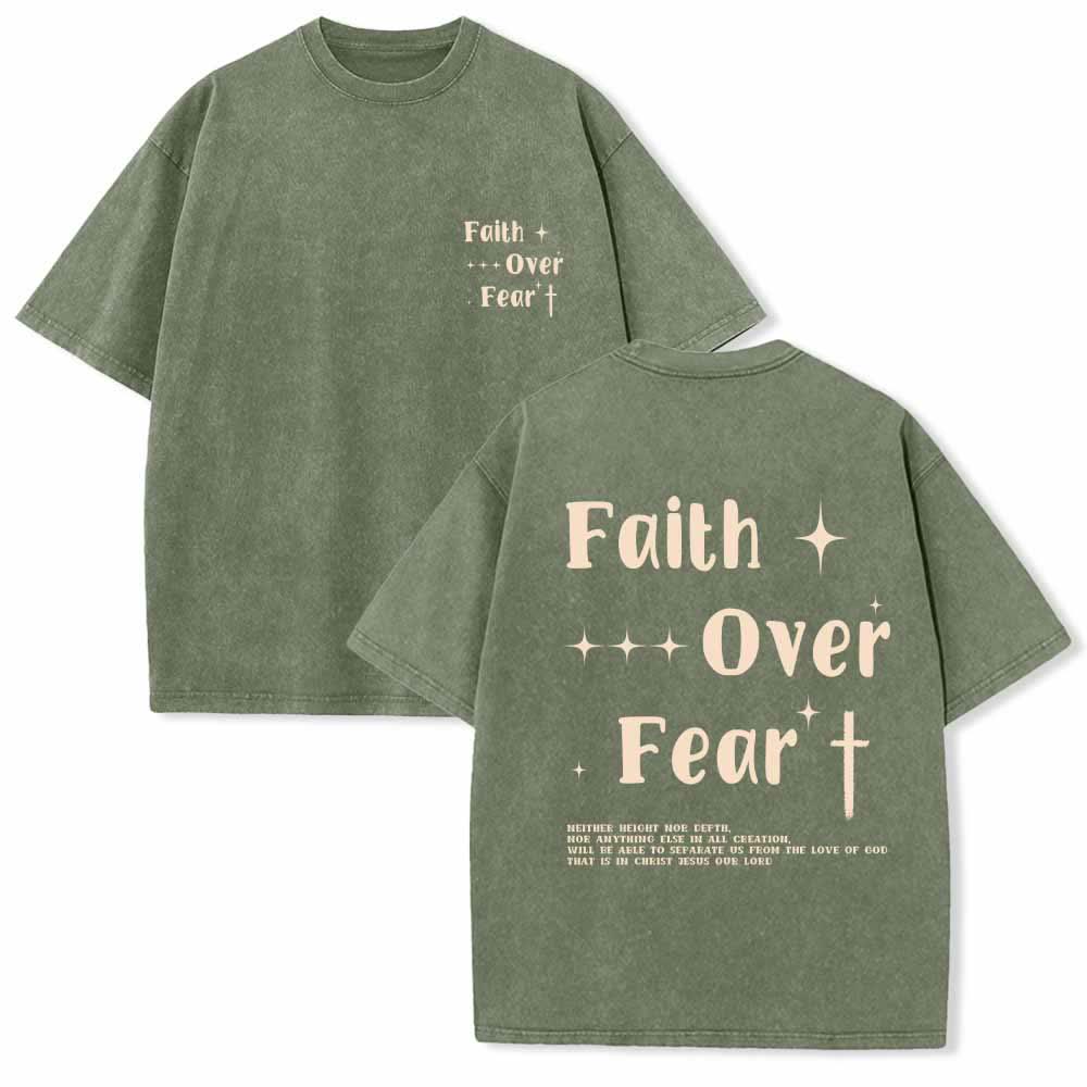 Christianartworkshop Faith Over Fear Star Cross Accent Front Mini Print Back Large Text Dual-Sided Washed T-Shirt - Army Green - 5XL - image 24